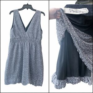 Pinky Novelty Puppy Dog Print Gray Babydoll Dress L Gauzy Fairy Ruffle Hem Indie